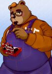  2022 anthro belly big_belly blush brown_body candy chocolate clothing dessert eyewear food fruit glasses hi_res hoodie humanoid_hands kemono male mammal orange_(fruit) overalls overweight overweight_male pinoren plant solo topwear ursid virtual_youtuber 