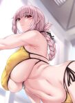  1girl bikini blurry blurry_background blush braid breasts cameltoe closed_mouth covered_nipples expressionless fate/grand_order fate_(series) florence_nightingale_(chaldea_lifesavers)_(fate) florence_nightingale_(fate) folded_ponytail large_breasts long_hair looking_at_viewer low_ponytail moisture_(chichi) navel pink_hair red_eyes shiny shiny_hair shiny_skin side-tie_bikini simple_background solo stomach swimsuit underboob upper_body yellow_bikini 