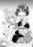  2girls ahoge animal_ears bag breasts cape cloak closed_mouth commentary_request dress fox_ears fox_girl fox_tail greyscale highres kudamaki_tsukasa long_sleeves looking_at_viewer mandarin_collar monochrome multicolored_clothes multicolored_dress multiple_girls open_clothes open_mouth patchwork_clothes pote_(ptkan) romper sash short_hair short_sleeves sky_print small_breasts standing sweatdrop tail tenkyuu_chimata torn_clothes touhou unzipped wavy_mouth white_romper 