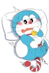  anal anal_penetration balls blue_body blush bodily_fluids censored doraemon doraemon_(character) food genitals humanoid_genitalia humanoid_penis looking_pleasured male mutimuti open_mouth penetration penis pillow saliva solo 