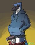  anthro avian beak big_penis biped bird black_beak blue_clothing blue_hoodie blue_topwear bodily_fluids bottomwear bottomwear_down clothed clothing dripping erection genital_fluids genitals glistening glistening_genitalia hands_in_both_pockets hi_res hoodie humanoid_genitalia humanoid_penis looking_relieved male mostly_clothed mouth_partially_open pants pants_down partially_clothed penis pinup pose precum precum_drip presenting relieved retracted_forskin simple_background smile solo solo_focus standing statiik_(artist) topwear unzipped unzipped_pants 