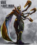  1boy ant ant-man arthropod_limbs asymmetrical_armor asymmetrical_horns beetle bug cape clenched_hand commentary_request cowboy_shot evil extra_legs full_body fusion highres horns insect_wings kamen_rider kamen_rider_revice kamen_rider_vail marvel marvel_cinematic_universe open_hand orange_armor orange_cape shoulder_cape single_wing villain_pose what_if_(disney+) wings zagizagi 