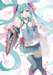  1girl bangs black_sleeves blue_eyes blue_hair blue_necktie detached_sleeves flower grey_legwear grey_skirt hair_flower hair_ornament hair_ribbon hatsune_miku higasizora-kai highres leg_ribbon long_hair long_sleeves looking_at_viewer miniskirt multicolored_hair necktie open_mouth pink_flower pink_hair pleated_skirt red_ribbon ribbon shirt skirt sleeveless sleeveless_shirt solo standing thighhighs twintails two-tone_hair very_long_hair vocaloid white_shirt wide_sleeves zettai_ryouiki 