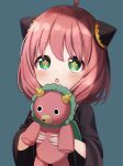  1girl :&lt; ahoge anya_(spy_x_family) bangs black_dress blue_background blush bun_cover commentary double_bun dress green_eyes highres holding holding_stuffed_toy medium_hair open_mouth pink_hair raised_eyebrows senagawa_roro solo sparkle sparkling_eyes spy_x_family stuffed_toy upper_body 