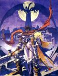  1990s_(style) ares_(brandish) armor bleeding blonde_hair blood boots brandish breastplate brown_footwear brown_gloves brown_hair cape closed_eyes dela_delon dragon elbow_gloves full_moon gloves hair_over_one_eye holding holding_staff holding_sword holding_weapon injury knee_pads long_hair moon night non-web_source official_art outdoors over-kneehighs pauldrons retro_artstyle ruins scarf short_hair shoulder_armor staff standing sword thighhighs weapon yuuki_nobuteru 