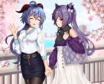  2girls absurdres ahoge bag bangs black_legwear black_scarf blue_hair blue_skirt blush braid breasts cherry_blossoms closed_eyes double_bun ganyu_(genshin_impact) genshin_impact hair_cones handbag highres holding_hands horns keqing_(genshin_impact) long_hair looking_at_another medium_breasts milira multiple_girls official_alternate_costume outdoors pencil_skirt pout purple_eyes purple_hair scarf shirt sidelocks skirt smile white_shirt 