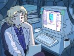  1girl akagi_ritsuko blonde_hair blue_eyes book book_stack chair cigarette coffee_mug cup desk eyebrows_behind_hair highres indoors keyboard_(computer) labcoat limited_palette long_sleeves looking_at_viewer monitor mouse_(computer) mug neon_genesis_evangelion oekaki on_chair psicochurroz purple_shirt shirt sitting smoking steam sticky_note templeos 