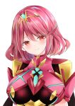  1girl bangs breasts chest_jewel earrings gem headpiece highres jewelry large_breasts nanase_nao pyra_(xenoblade) red_eyes red_hair short_hair simple_background solo swept_bangs tiara white_background xenoblade_chronicles_(series) xenoblade_chronicles_2 