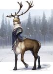  1other androgynous antlers blonde_hair centauroid closed_mouth forest full_body medium_hair mullmull02 nature original outdoors pine_tree pointy_ears robe solo taur tree twitter_username 