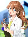  1girl :d alternate_costume bangs blue_eyes blurry blurry_background breast_pocket brown_hair collarbone dan_da_dan86 earrings eyebrows_visible_through_hair floating_hair hair_between_eyes hair_ornament highres holding jewelry labcoat long_hair neon_genesis_evangelion open_mouth pen_in_pocket pocket ring shiny shiny_hair shirt smile solo souryuu_asuka_langley sparkle upper_body wedding_ring yellow_shirt 