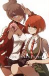  2girls :d asahina_aoi bangs black_shorts breasts brown_hair camera cleavage collarbone collared_shirt commentary criis-chan danganronpa:_trigger_happy_havoc danganronpa_(series) danganronpa_2:_goodbye_despair doughnut dress eyebrows_visible_through_hair feet_out_of_frame food freckles green_dress green_eyes hair_ornament hairclip holding jacket koizumi_mahiru long_hair looking_at_viewer medium_breasts multiple_girls necktie one_eye_closed open_clothes open_jacket open_mouth pinafore_dress ponytail red_hair red_jacket revision school_uniform shirt short_hair shorts sitting skirt smile standing symbol-only_commentary teeth twitter_username upper_teeth v valentine white_shirt 