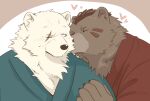  2022 anthro biped blush brown_body brown_fur clothing crushfang_(sdorica_sunset) dagger_(sdorica_sunset) duo eyes_closed fur humanoid_hands kemono kissing kumao male mammal robe sdorica_sunset simple_background ursid white_body white_fur 