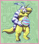  animal_skin anthro balls bandai_namco belly belly_markings blush bodily_fluids claws digimon digimon_(species) flaccid fupa gabumon genital_fluids genitals hi_res horn kronexfire male markings moobs navel nipples overweight penis precum scalie solo yellow_body 