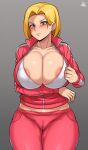  1girl absurdres alternate_breast_size android_18 areola_slip areolae belly blonde_hair blue_eyes blush bra breast_hold breasts cameltoe cleavage cleavage_reach collarbone covered_nipples curvy dragon_ball dragon_ball_super english_commentary fingernails grey_background hair_intakes highres jacket jmg large_areolae legs_together looking_at_viewer mature_female paid_reward_available pants partially_unzipped pink_jacket pink_pants pink_track_suit short_hair solo standing sweatdrop thick_thighs thighs track_pants underwear white_bra 