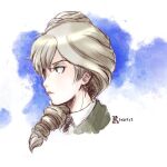  1girl black_necktie blonde_hair braid capelet dress_shirt girls_und_panzer girls_und_panzer_ribbon_no_musha green_eyes hair_bun hair_over_shoulder jajka_(girls_und_panzer) long_hair necktie nishi_itsumi portrait profile shirt single_braid white_shirt 