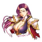  1girl artist_name breasts brunnya_(fire_emblem) cape cleavage earrings elbow_gloves fire_emblem fire_emblem:_the_binding_blade gloves jewelry large_breasts lipstick long_hair makeup meziosaur pink_eyes purple_hair red_lips solo upper_body white_background 