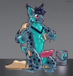  anthro balls black_hair blue_body blush felid feline genitals goo_creature goo_transformation hacony hair hi_res human human_to_anthro kneeling latex_transformation lynx male mammal penis pink_nose red_eyes rubber solo species_transformation spots transformation 