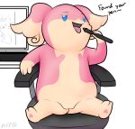  absurd_res anthro audino bodily_fluids chair computer dialogue english_text female furniture genitals heart_pawpads hi_res mecha417 nintendo office_chair open_mouth pawpads penis pink_body pok&eacute;mon pok&eacute;mon_(species) pussy reclining saliva saliva_string signature simple_background solo stylus talking_to_viewer tan_body text tongue tongue_out video_games white_background 