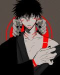  1boy arm_tattoo bangs black_kimono chest_tattoo collarbone facial_tattoo fushiguro_megumi fushirun_rung green_eyes hair_between_eyes hands highres japanese_clothes jujutsu_kaisen kimono long_sleeves looking_at_viewer male_focus nail_polish neck_tattoo off_shoulder ryoumen_sukuna_(jujutsu_kaisen) short_hair spiked_hair tattoo upper_body wide_sleeves 