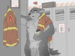  2021 anthro balls bluewolf0072 bodily_fluids canid canine canis detailed_background firefighter flaccid genitals grey_body hi_res humanoid_hands inside kemono locker_room male mammal penis slightly_chubby solo sweat wolf 