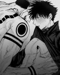  2boys abs arm_tattoo back_tattoo black_hair black_nails blush clothes_lift commentary_request facial_tattoo fingernails fushiguro_megumi fushirun_rung grabbing hair_between_eyes hands_on_another&#039;s_stomach high_collar highres jacket jujutsu_kaisen male_focus monochrome mouth_hold multiple_boys muscular muscular_male nipples open_mouth pectoral_grab pectorals ryoumen_sukuna_(jujutsu_kaisen) sharp_fingernails short_hair shoulder_tattoo sideburns spiked_hair sweat tattoo topless_male undercut upper_body veins yaoi 