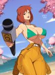  1girl april_o&#039;neil aqua_bikini artist_name bare_shoulders barleyshake beach belt bikini bikini_top_only bob_cut breasts brown_hair cherry_blossoms cityscape cleavage collarbone contrapposto covered_nipples cowboy_shot dutch_angle eyebrows_visible_through_hair grey_eyes halter_top halterneck highres huge_breasts jumpsuit jumpsuit_around_waist linea_alba lipstick looking_at_viewer makeup micro_bikini microphone midriff narrow_waist nose open_jumpsuit open_mouth outdoors reaching_out reporter sky smile solo strap_gap string_bikini swimsuit teenage_mutant_ninja_turtles toon_(style) underboob water white_belt wide_hips yellow_jumpsuit 