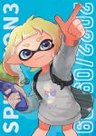  1girl ahoge bangs blonde_hair blue_background blunt_bangs closed_mouth copyright_name dated eyebrow_cut eyebrows gradient_hair grey_sweater highres holding holding_weapon ink_tank_(splatoon) inkling inkling_(language) looking_at_viewer multicolored_hair no_pants nobody28 pointing pointing_up pointy_ears purple_eyes short_hair simple_background single_sidelock smile solo splatoon_(series) splatoon_3 splattershot_(splatoon) squid_girl sweater tentacle_hair tentacles weapon 