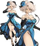  black_horns blue_butterfly breasts bug butterfly butterfly_dress cleavage demon_tail dress flower goat_horns hair_flower hair_ornament highres horns medium_breasts original rakeemspoon simple_background solo susan_(rakeem_garcia-cueto) tail white_background yellow_eyes 