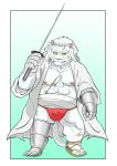  2022 anthro asian_clothing bandaged_arm belly big_belly clothing east_asian_clothing felid fundoshi fur humanoid_hands hysk japanese_clothing kemono lion male mammal moobs nipples overweight overweight_male pantherine pink_nose red_clothing red_fundoshi red_underwear scar simple_background solo underwear weapon white_body white_fur 