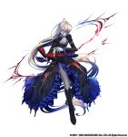  1boy absurdly_long_hair ascot blue_eyes book chain copyright energy frills full_body gloves grey_hair grimms_notes hair_over_one_eye highres long_hair male_focus nanokak official_art shadow_romeo simple_background solo very_long_hair weapon white_background 
