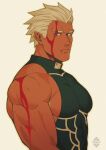  1boy abs archer_(fate) armpit_hair artist_logo artist_name bara biceps blood blood_on_arm blood_on_face collared_shirt dark-skinned_male dark_skin fate/stay_night fate/unlimited_blade_works fate_(series) grey_eyes highres injury large_pectorals looking_at_viewer male_focus mature_male muscular muscular_male pectorals shirt short_hair sidepec sleeveless solo spiked_hair thick_arms tight upper_body white_background white_hair xelgot 