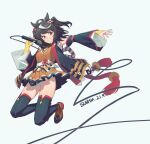  1girl absurdres ahoge animal_ears artist_name bangs black_hair black_jacket black_legwear blush dated detached_sleeves full_body grin hair_ornament highres holding holding_microphone horse_ears jacket jumping kitasan_black_(umamusume) kouhaku_nawa looking_at_viewer microphone multicolored_hair outstretched_arm panties pantyshot red_eyes rope shimenawa shirt shoes skirt sleeveless sleeveless_jacket smile streaked_hair sunhm thighhighs two_side_up umamusume underwear white_panties yellow_shirt yellow_skirt 