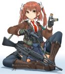  1girl ar70_(girls&#039;_frontline) assault_rifle beretta_ar70/90 boots brown_eyes brown_hair chiappa_rhino combat_boots gloves gun highres mikeran_(mikelan) military original revolver rifle sitting solo speedloader thighhighs trigger_discipline twintails weapon 