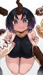  1girl black_hair black_leotard black_nails blue_eyes blush breasts brown_horns chocolate_on_penis clenched_hands disembodied_penis dragon_girl dragon_horns elma_(maidragon) english_commentary fingernails food food_on_penis full-face_blush highres horns huge_breasts ice_cream kneeling kobayashi-san_chi_no_maidragon leotard mole mole_under_mouth multicolored_hair multiple_penises mustard penis purple_hair scarf short_hair sideboob single_horn snickers solo_focus surrounded sweat two-tone_hair uncensored white_background zanamaoria 