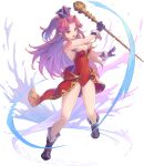  1girl angela_(seiken_densetsu_3) boots breasts brown_eyes cleavage earrings full_body gloves haccan hat highres holding holding_wand jewelry leotard long_hair magic medium_breasts non-web_source official_art open_mouth pointy_ears purple_gloves purple_hair red_leotard seiken_densetsu seiken_densetsu_3 solo standing strapless strapless_leotard transparent_background wand 