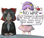  2girls absurdres bangs black_hair black_hairband black_jacket blazer blue_shirt blush bow collared_shirt commentary_request cookie_(touhou) english_text eyebrows_visible_through_hair frilled_bow frilled_hair_tubes frills hair_between_eyes hair_bow hair_ornament hair_tubes hairband hakurei_reimu heart heart_hair_ornament highres holding holding_sign jacket komeiji_satori looking_at_viewer mashiroma_zenima multiple_girls office_lady open_mouth pink_hair pink_skirt purple_eyes real_life red_bow russian_text russo-ukrainian_war sananana_(cookie) shirt short_hair sign skirt table third_eye toaru_yuuzaa touhou translated transparent_background ukrainian_flag upper_body white_shirt yellow_eyes 