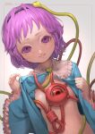  1girl blue_shirt breasts dutch_angle frilled_shirt_collar frilled_sleeves frills grey_background hairband hands_up heart highres komeiji_satori light_smile long_sleeves looking_at_viewer nostrils parted_lips purple_eyes purple_hair shirt short_hair simple_background small_breasts solo teeth third_eye touhou upper_body wide_sleeves yawdeone 