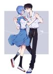  1boy 1girl ayanami_rei belt black_legwear blue_hair brown_belt highres holding_hands ikari_shinji neon_genesis_evangelion school_uniform short_hair tokyo-3_middle_school_uniform_(evangelion) white_footwear yoshio_296 