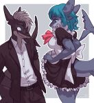  anthro azuriae blue_hair bottomwear bow clothing dress duo female fish flashing hair kazuhira maid_uniform male male/female marine notched_ear piercing shark skirt smile smirk suit supermint uniform 