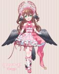  1girl :d animal_ears bare_shoulders bird_ears bird_tail bird_wings blush bonnet bow bowtie brown_hair commentary commission dress english_commentary flower fujisawa_kamiya full_body gloves green_eyes hair_flower hair_ornament hair_ribbon indie_virtual_youtuber long_hair looking_at_viewer magpie_(vtuber) open_mouth pink_bow pink_bowtie pink_dress pink_flower pink_footwear pink_ribbon pink_rose ribbon rose shoes skeb_commission smile socks solo standing tail white_gloves white_legwear wings 