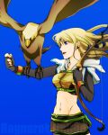  1girl bangs bird black_gloves black_shorts blonde_hair blue_background blue_eyes bow_(weapon) breasts brown_shirt brown_skirt commentary_request copyright_name cowboy_shot crop_top cropped_jacket eagle elbow_gloves falconry fingerless_gloves gloves green_belt holding holding_bow_(weapon) holding_weapon hunter_(ragnarok_online) jacket koshou_(maayan) long_hair looking_at_animal medium_breasts midriff miniskirt navel open_mouth ragnarok_online shirt short_shorts shorts shorts_under_skirt simple_background skirt solo weapon white_jacket wristband 