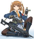  1girl assault_rifle beretta_ar70/90 boots brown_eyes brown_hair chiappa_rhino combat_boots drum_magazine gloves gun highres magazine_(weapon) mikeran_(mikelan) military original revolver rifle sitting solo speedloader weapon 