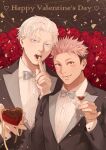  2boys black_jacket blue_eyes bow bowtie box box_of_chocolates brown_eyes ccccc_(jpn_m0) chocolate cup drinking_glass facial_mark flower food food_in_mouth formal gojou_satoru happy_valentine heart-shaped_box highres holding holding_box holding_chocolate holding_food itadori_yuuji jacket jujutsu_kaisen looking_at_viewer male_focus multiple_boys open_mouth petals pink_hair red_flower red_rose rose shirt short_hair smile traditional_bowtie undercut upper_body white_hair white_shirt 