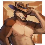  7theaven absurd_res anthro biceps breasts brown_body brown_fur canid canine canis clothing cowboy_hat digital_media_(artwork) fur gabu_(radgabu) hair hat headgear headwear hi_res looking_at_viewer male mammal muscular muscular_anthro muscular_male nipples pecs red_wolf simple_background smile solo wolf 