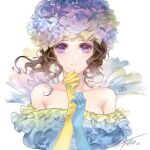  1girl bare_shoulders breasts brown_hair curly_hair dress elbow_gloves flower gloves hair_flower hair_ornament long_hair looking_at_viewer niji2468 princess_white_rose purple_eyes rose saga saga_frontier signature simple_background solo white_background 