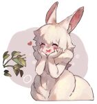  1girl animal_ears blush branch closed_eyes closed_mouth colored_skin food food_on_face furry furry_female hands_on_own_cheeks hands_on_own_face hands_up heart mullmull02 original rabbit_ears rabbit_girl smile solo upper_body white_skin 