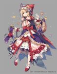  1girl basket blonde_hair dress flower gloves green_eyes grey_background grimms_notes hood hood_up little_red_riding_hood_(grimms_notes) long_dress makihitsuji official_art ribbon rose scissors shoes simple_background solo weapon 