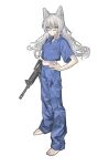  1girl animal_ears assault_rifle bangs barefoot blood blood_on_clothes blood_on_face blue_pants blue_shirt breast_pocket cat_ears closed_mouth collared_shirt commentary glasses grey_hair gun hand_on_hip holding holding_gun holding_weapon long_hair looking_at_viewer m4_carbine midriff navel original pants pocket purple_eyes rifle shirt short_sleeves solo weapon zumochi 
