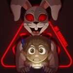  absurd_res black_background caught child five_nights_at_freddy&#039;s five_nights_at_freddy&#039;s:_security_breach flashlight gregory_(fnaf) hands_on_shoulders hi_res human ike_marshall lagomorph leporid mammal rabbit red_sclera scared scottgames simple_background vanny_(fnaf) video_game_logo video_games white_body young 
