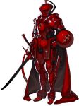  absurdres armor armored_boots boots breastplate buckler cape emblem fujisaka_kimihiko full_armor full_body helmet highres holding holding_sword holding_weapon non-web_source official_art photoshop_(medium) red_armor red_cape red_theme sheath shield simple_background standing sword voice_of_cards:_the_isle_dragon_roars weapon white_background 